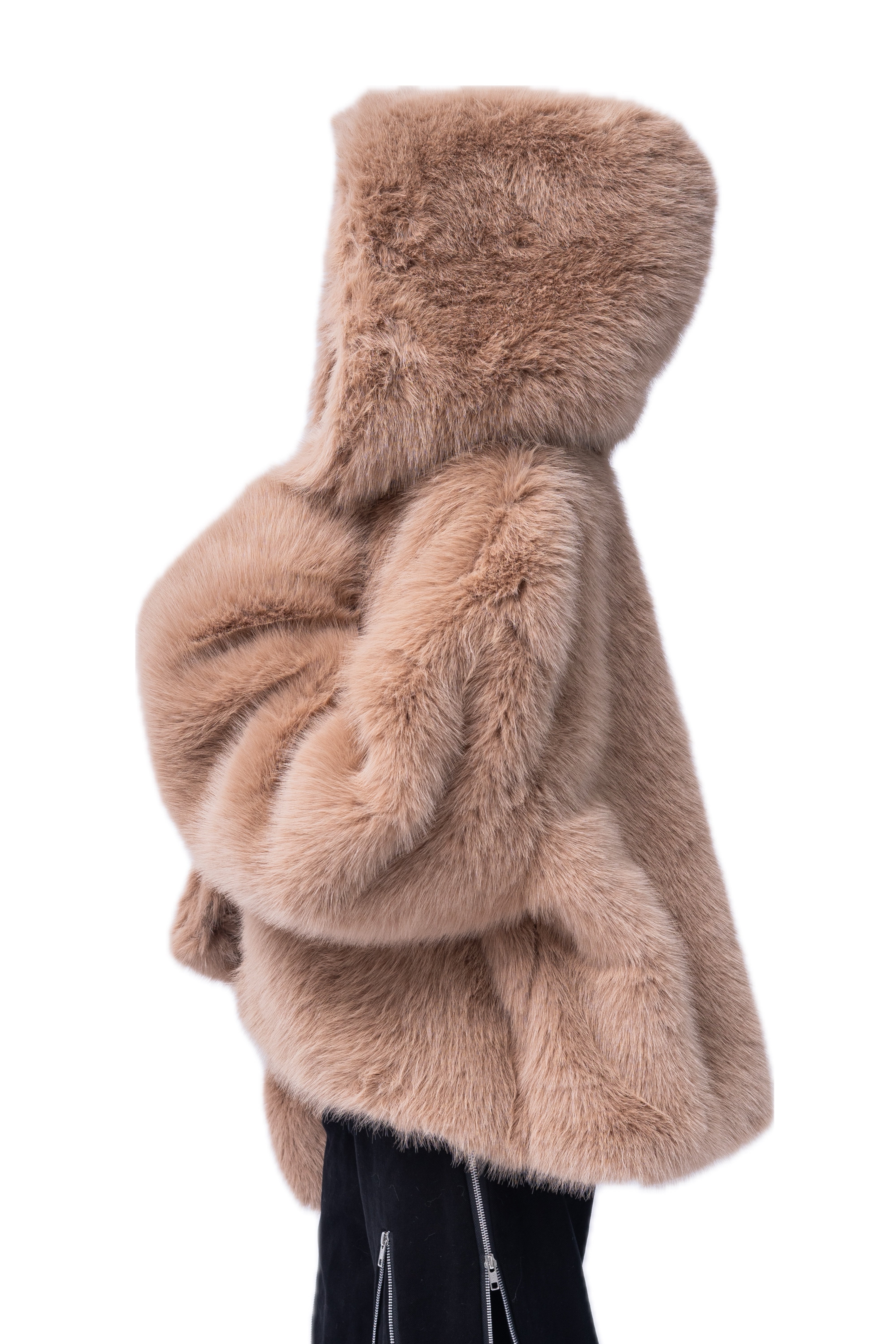 BROWN FAUX FUR COAT.