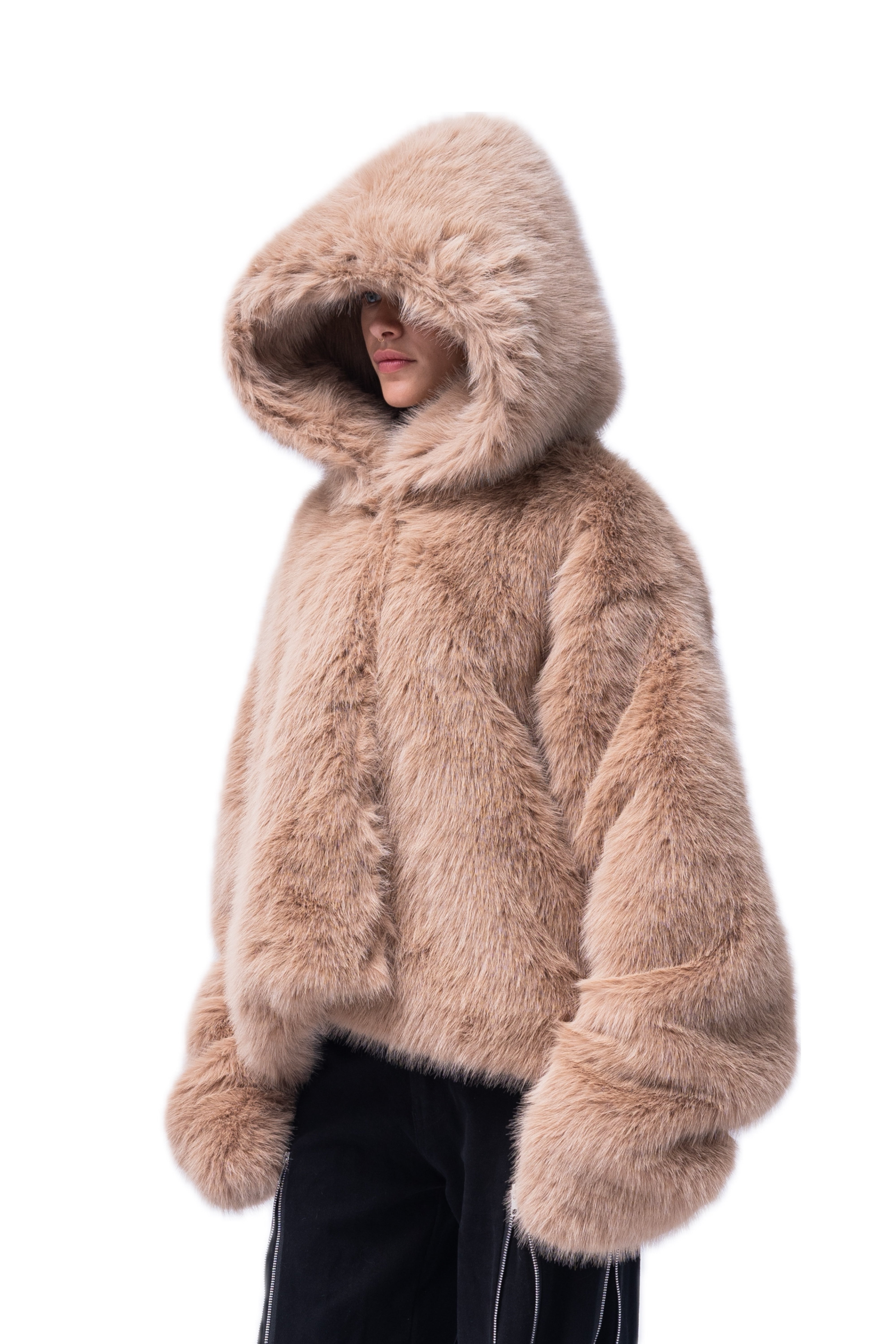 BROWN FAUX FUR COAT.