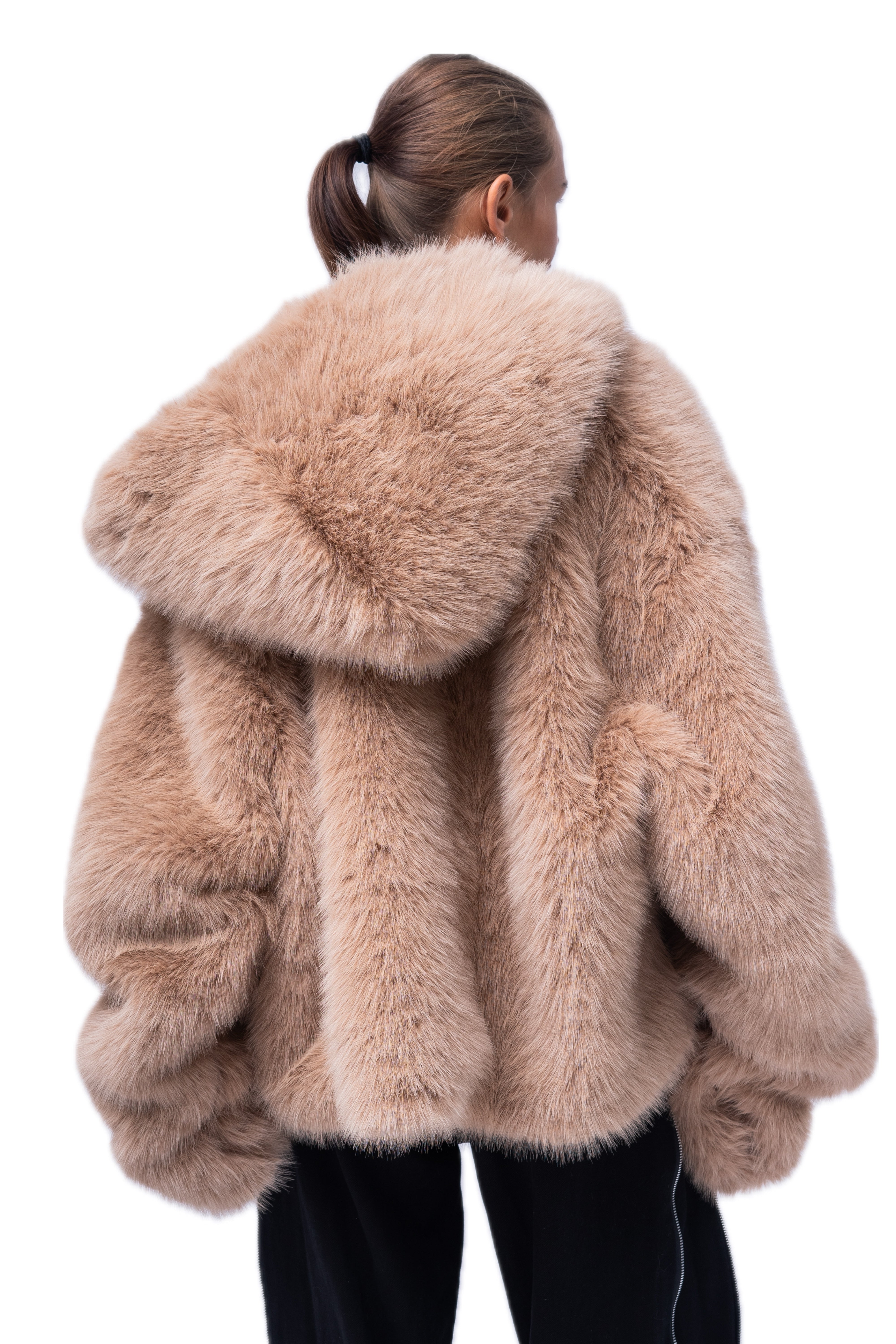BROWN FAUX FUR COAT.