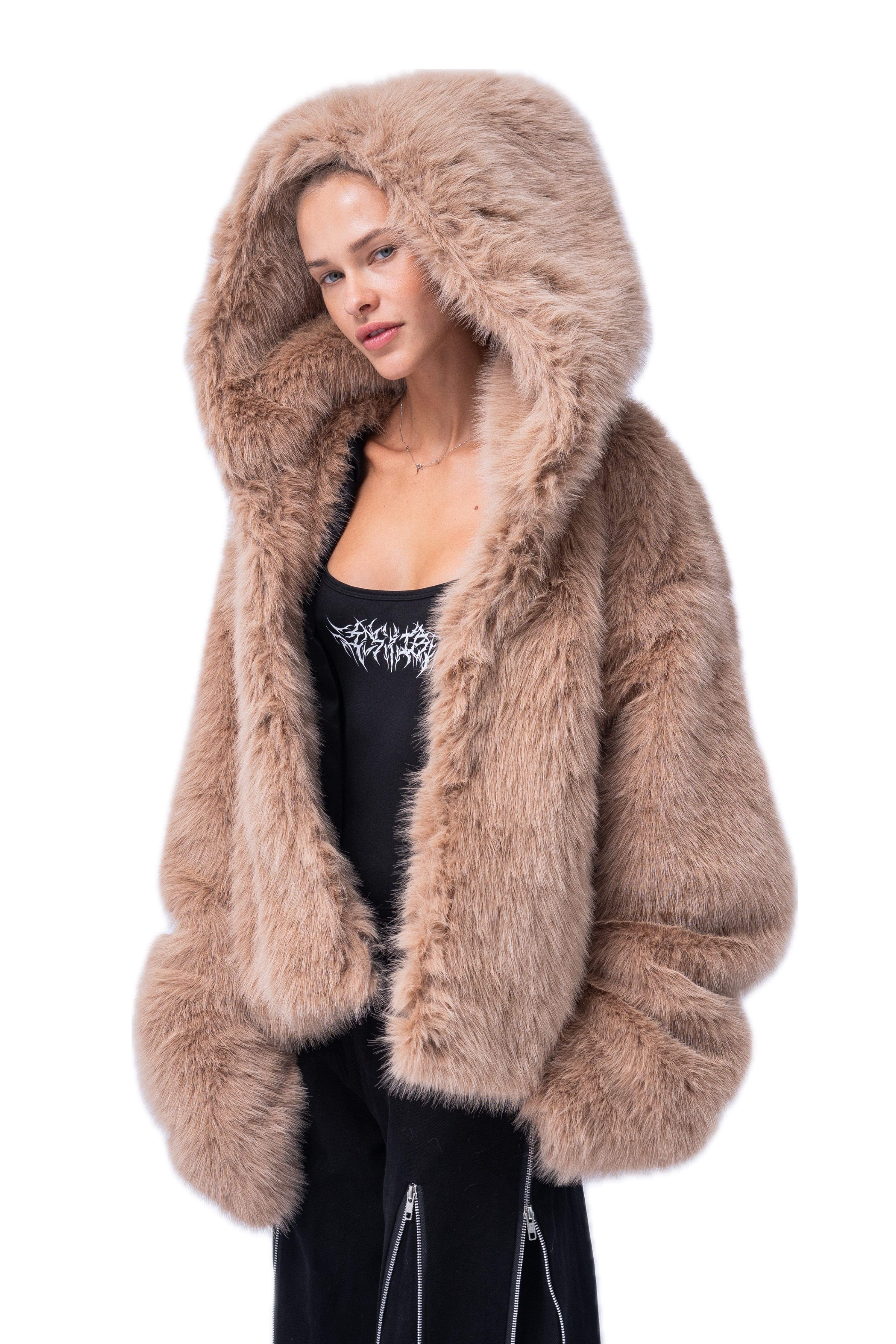 BROWN FAUX FUR COAT.