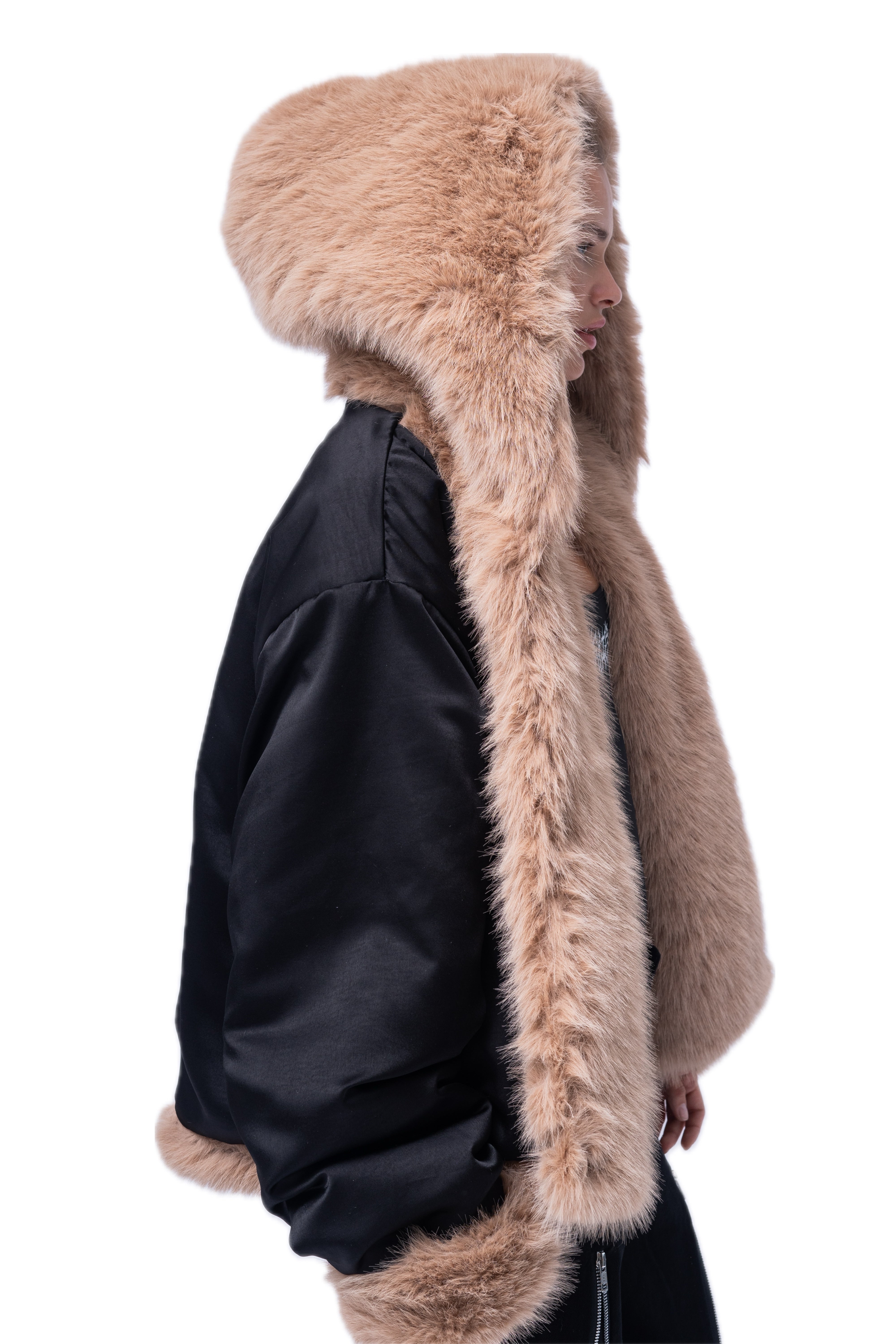 BROWN FAUX FUR COAT.