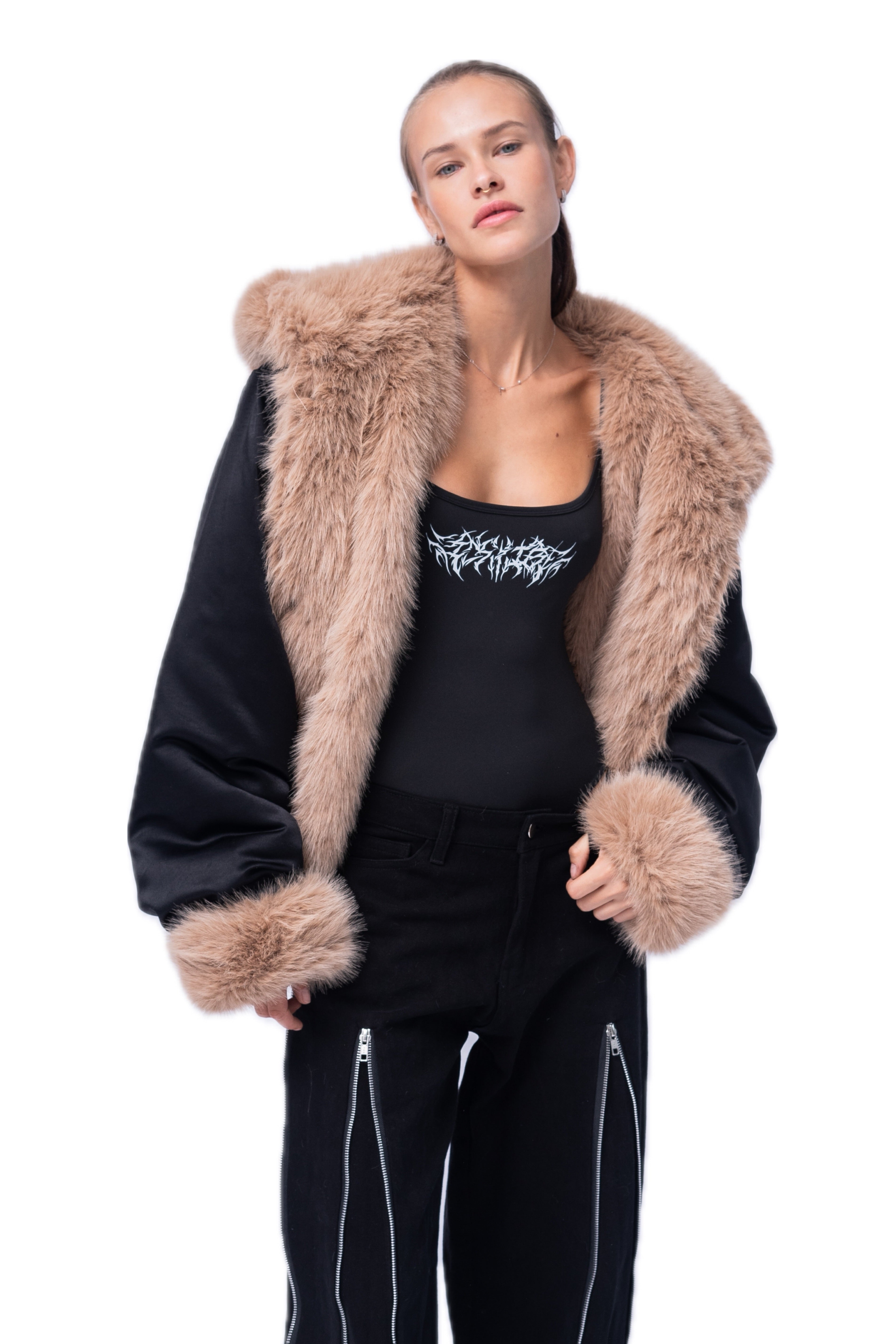 BROWN FAUX FUR COAT.