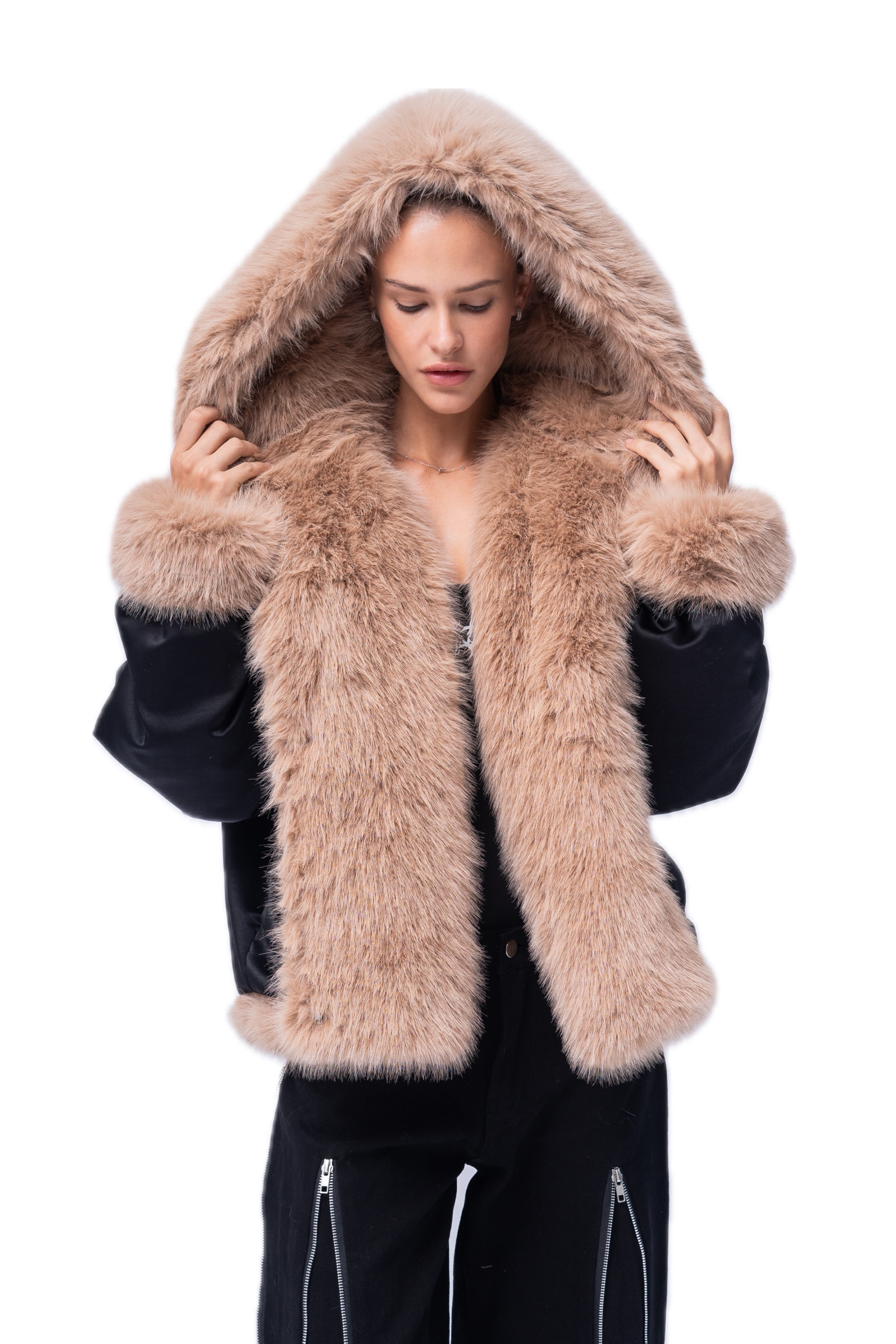 BROWN FAUX FUR COAT.