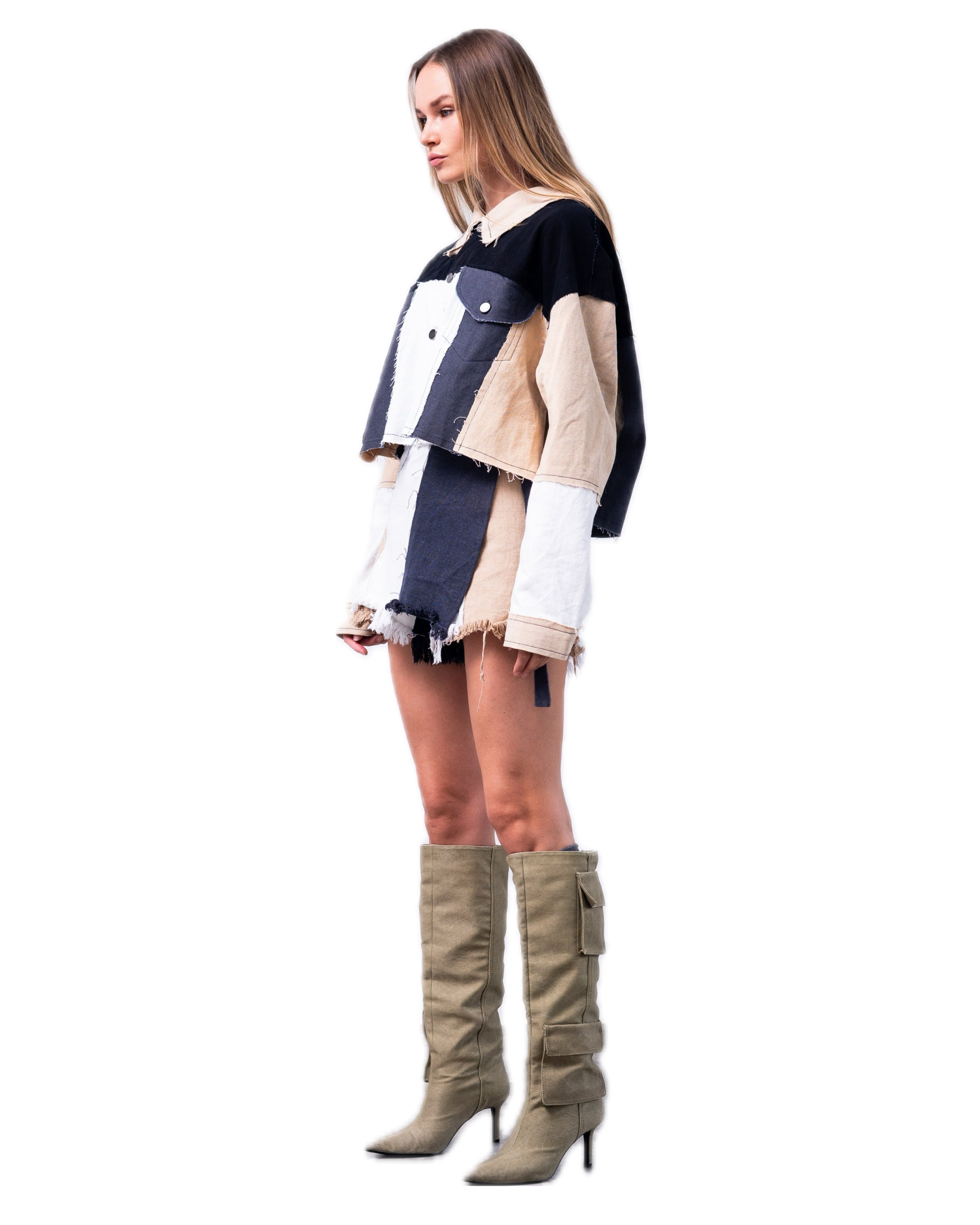 VESTE EN JEAN PATCHWORK.